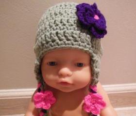 Crochet baby hat with flower, gray, pink , purple