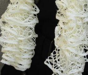 Cream Ruffle Scarf, Hand Knitted